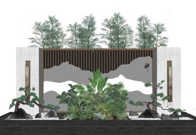 新中式景观小品 庭院花园 植物堆 绿植堆 盆景 背景墙